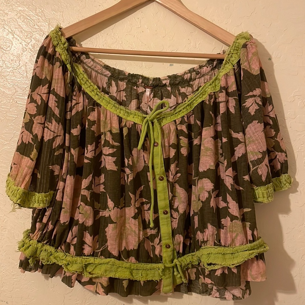 Free People Olive Green and Blush Pink Floral Off-Shoulder Top
